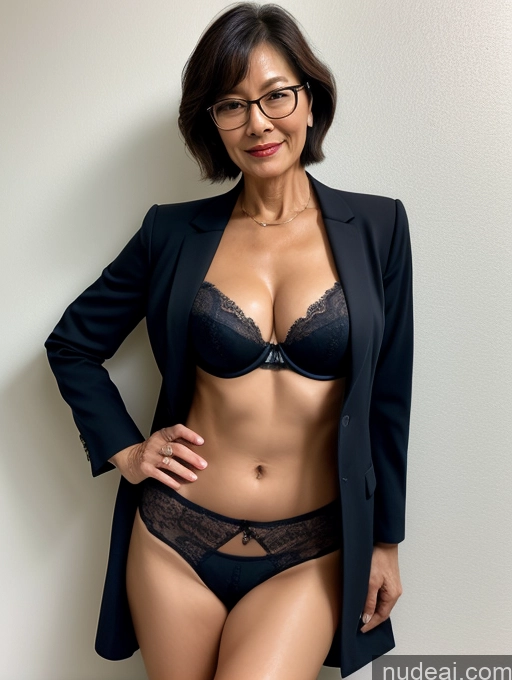 ai nude image of arafed woman in a black suit and glasses posing for a picture pics of Milf Perfect Body Perfect Boobs Beautiful Glasses Sexy Face Short Hair Chinese Bra Suit Jacket Professor Secretary Stylish Cleavage Dark Lighting Detailed 60s Partially Nude