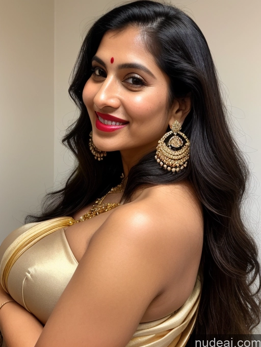 ai nude image of a close up of a woman in a gold dress with a smile pics of Woman Busty Huge Boobs Beautiful Lipstick Big Ass Fairer Skin 50s Happy Seductive Sexy Face Black Hair Long Hair Indian Skin Detail (beta) Sari Traditional Jewelry Gold Jewelry Bright Lighting Close-up View