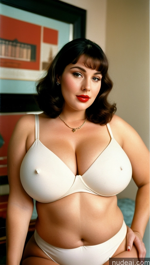 ai nude image of arafed woman in a white bra and panties posing for a picture pics of Woman Huge Boobs Perfect Boobs Busty Beautiful Big Ass Thick Perfect Body Fairer Skin Big Hips 20s Black Hair Bobcut 60s Lipstick Vintage Jewelry Pearl Jewelry French Chubby