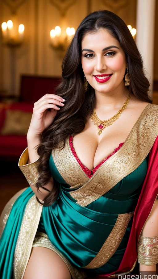 ai nude image of araffe woman in a green and gold sari posing for a picture pics of Milf Busty Beautiful Lipstick Thick Chubby Big Hips Fat Fairer Skin 20s Happy Seductive Brunette Long Hair Russian Party Front View Straddling Sari Blouse Dirndl Victorian Cleavage Gold Jewelry