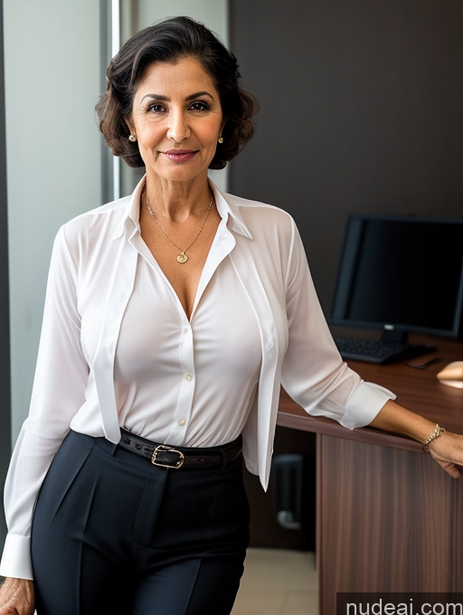 ai nude image of woman in white shirt and black pants standing in front of a desk pics of Milf Perfect Boobs Beautiful Perfect Body Pubic Hair Dark Skin 80s Pixie Arabic Office Nude Blouse Casual Professor Shirt Stylish Suit Cleavage Partially Nude Dark Lighting Detailed