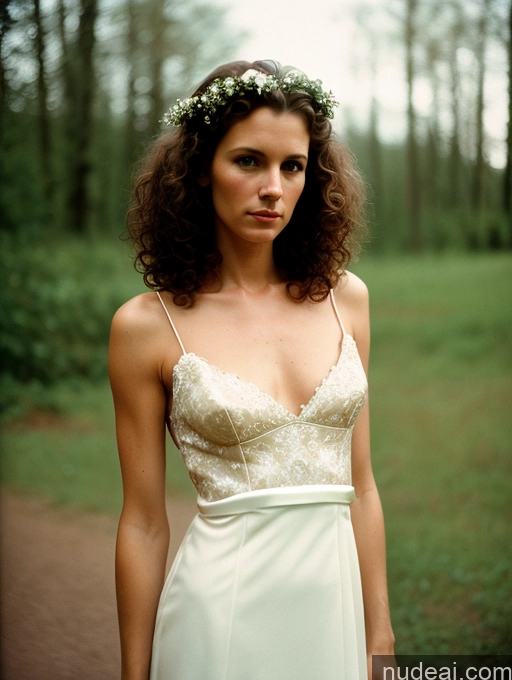 ai nude image of there is a woman in a white dress standing in a field pics of Woman One Skinny Small Tits Short 40s Serious Brunette Curly Hair Russian Vintage Front View Wedding