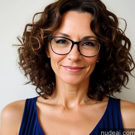 ai nude image of smiling woman with glasses and a blue dress posing for a picture pics of Woman One Skinny Short 40s Brunette Curly Hair British Sexy Face Glasses Dress