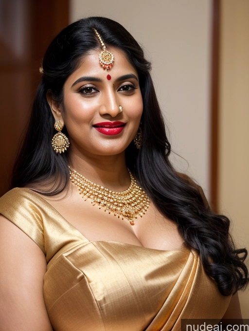 ai nude image of araffe woman in a gold dress with a red nose ring pics of Woman Busty Beautiful Lipstick Huge Boobs Big Ass Fairer Skin 50s Happy Seductive Sexy Face Black Hair Long Hair Indian Skin Detail (beta) Front View Sari Traditional Jewelry Gold Jewelry Bright Lighting Detailed