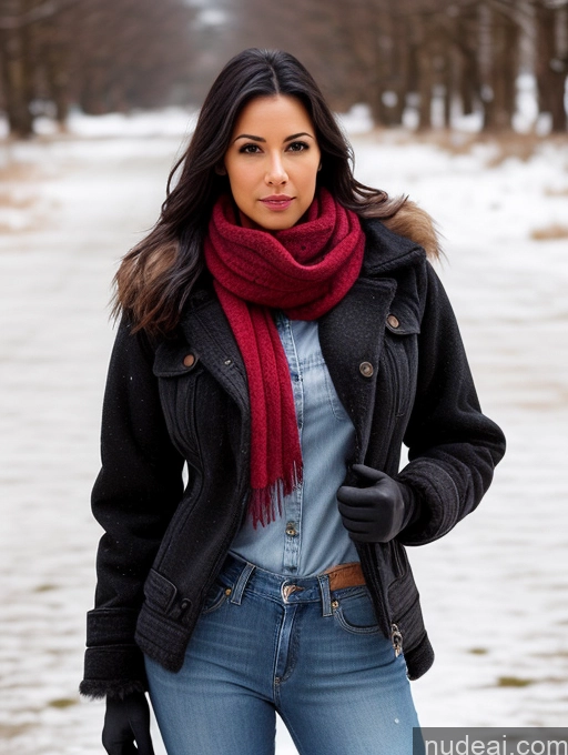 ai nude image of arafed woman in a black jacket and red scarf standing in the snow pics of Woman One Brazilian Perfect Boobs Skinny Big Hips Seductive Black Hair Messy Front View Jewelry Detailed Big Ass Jeans 40s Snow Gloves Fur Scarf Jacket