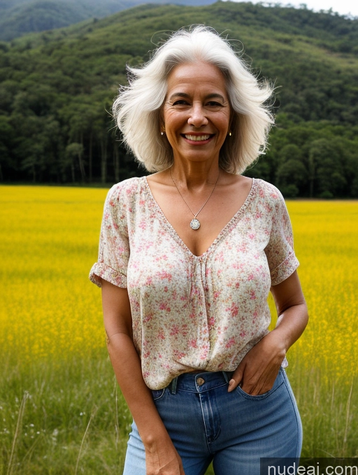 ai nude image of smiling woman standing in a field of yellow flowers with a mountain in the background pics of Woman One Small Tits Skinny Big Hips Tanned Skin Happy White Hair Messy Brazilian Jeans Blouse Front View Jewelry Detailed 70s Meadow