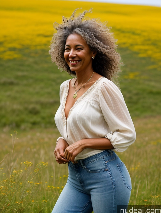 ai nude image of smiling woman in a field of flowers with a yellow field in the background pics of Woman One Small Tits Skinny Big Hips Happy White Hair Messy Brazilian Jeans Blouse Front View Jewelry Detailed 70s Meadow Dark Skin