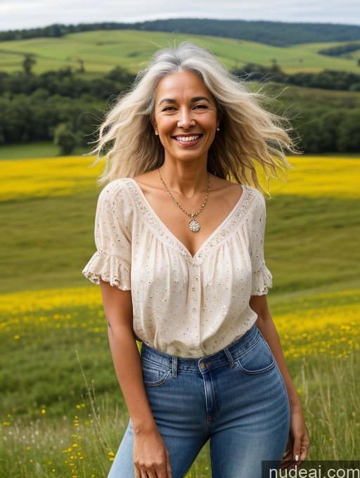 ai nude image of smiling woman in a field of yellow flowers with a green field in the background pics of Woman One Small Tits Skinny Big Hips Happy White Hair Messy Brazilian Jeans Blouse Front View Jewelry Detailed 70s Meadow Dark Skin