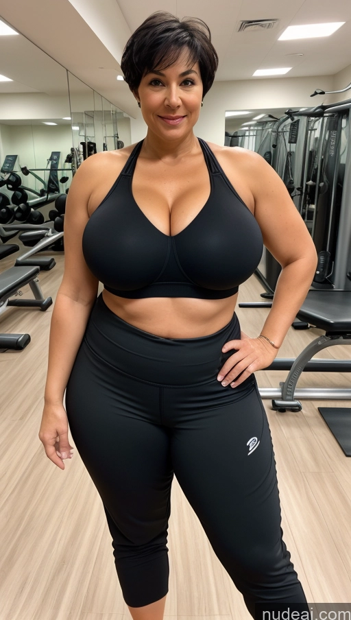 ai nude image of arafed woman in a black sports bra top and black leggings posing for a picture pics of Milf One Huge Boobs Big Ass Big Hips Chubby 60s Sexy Face Black Hair Short Hair White Skin Detail (beta) Gym Front View Sports Bra Harem Pants Detailed