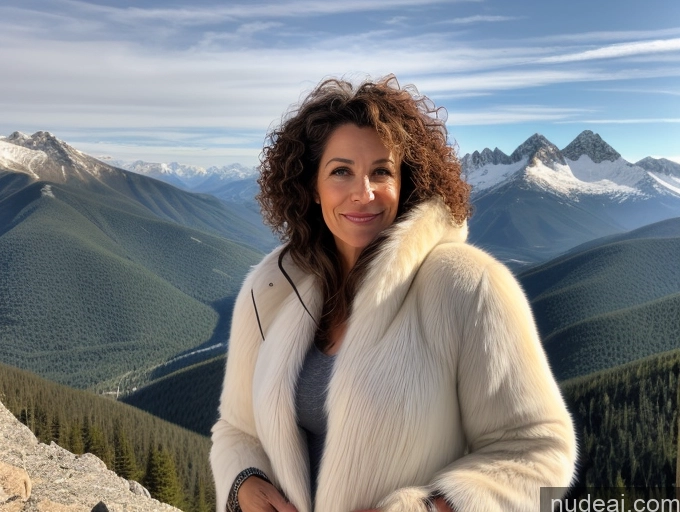 ai nude image of woman in white fur coat standing on top of a mountain pics of Skinny Sexy Face Brunette Curly Hair Front View Mountains 50s White Fur