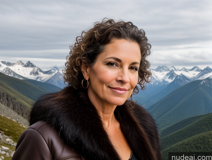 ai nude image of smiling woman in leather jacket with mountains in the background pics of Skinny Sexy Face Brunette Curly Hair Front View Mountains 50s White Fur