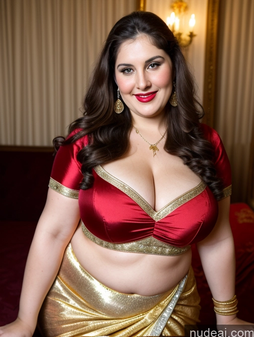 ai nude image of araffe woman in a red and gold sari posing for a picture pics of Milf Busty Beautiful Lipstick Thick Chubby Fat Big Hips Fairer Skin 20s Happy Seductive Brunette Long Hair Russian Party Front View Straddling Sari Blouse Dirndl Victorian Cleavage Gold Jewelry