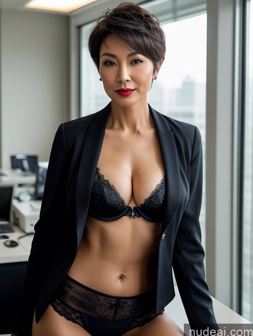 ai nude image of there is a woman in a black suit posing for a picture pics of Milf Perfect Boobs Perfect Body Pubic Hair Beautiful Lipstick Sexy Face Chinese Bra Jacket Suit Stylish Professor Cleavage Dark Lighting Detailed Office Short Hair 50s