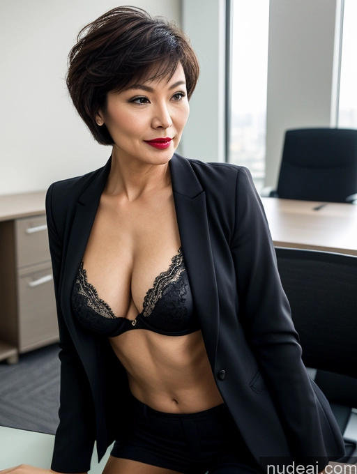 ai nude image of there is a woman in a black suit posing for a picture pics of Milf Perfect Boobs Perfect Body Pubic Hair Beautiful Lipstick Sexy Face Chinese Bra Jacket Suit Stylish Professor Cleavage Dark Lighting Detailed Office Short Hair 50s