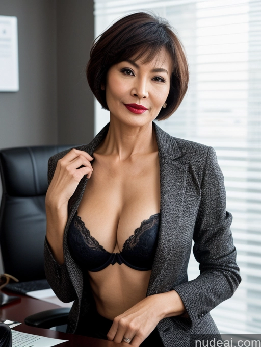 ai nude image of there is a woman in a suit posing for a picture pics of Milf Perfect Boobs Perfect Body Pubic Hair Beautiful Lipstick Sexy Face Chinese Bra Jacket Suit Stylish Professor Cleavage Dark Lighting Detailed Office Short Hair 60s