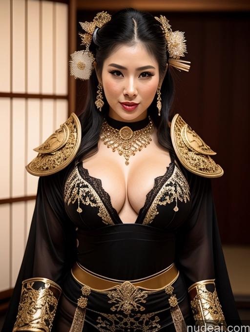 ai nude image of araffe woman in a black and gold costume posing for a picture pics of Fairer Skin Oiled Body Perfect Body Black Hair Onsen Gloves Cleavage Gold Jewelry Jewelry Transparent Bright Lighting Geisha Fantasy Armor Khorne Korean Sexy Face Lingerie Busty Milf Ponytail