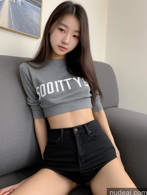 ai nude image of arafed asian woman sitting on a couch wearing a grey shirt pics of Spreading Legs Stylish Chinese Couch Sorority Small Tits Short 18 Skinny Small Ass