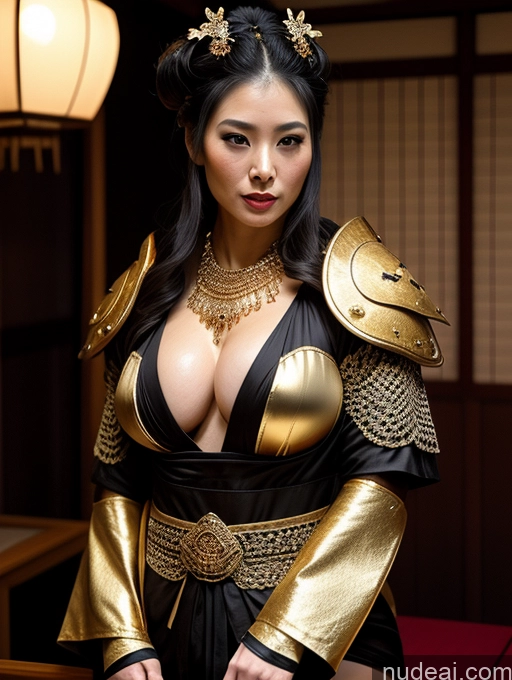 ai nude image of araffe woman in a black and gold costume posing for a picture pics of Fairer Skin Oiled Body Perfect Body Black Hair Onsen Gloves Cleavage Gold Jewelry Jewelry Transparent Bright Lighting Geisha Fantasy Armor Khorne Sexy Face Lingerie Busty Milf Ponytail Japanese