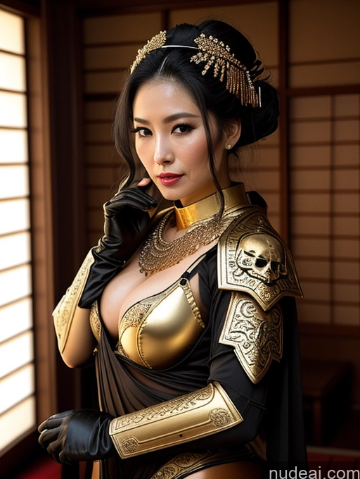 ai nude image of araffe woman in a costume with a gold and black outfit pics of Fairer Skin Oiled Body Perfect Body Black Hair Onsen Gloves Gold Jewelry Jewelry Transparent Bright Lighting Geisha Fantasy Armor Khorne Sexy Face Lingerie Busty Milf Ponytail Japanese