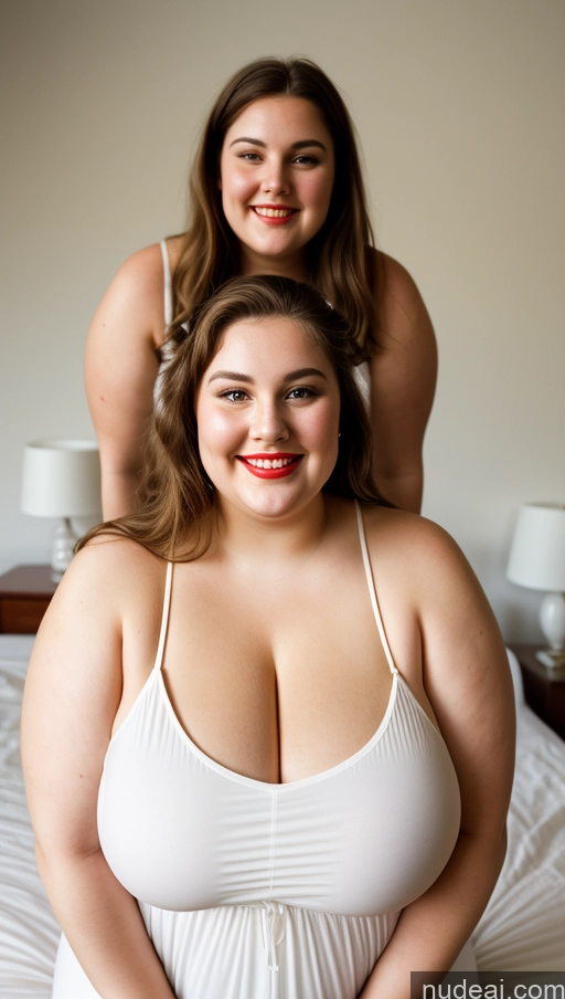 ai nude image of there are two women sitting on a bed with one woman smiling pics of 18 Happy White Front View Busty Huge Boobs Lipstick Big Ass Thick Chubby Fat Big Hips Short Pubic Hair Fairer Skin Brunette Hair Bun Bedroom Transparent 60s Sundress