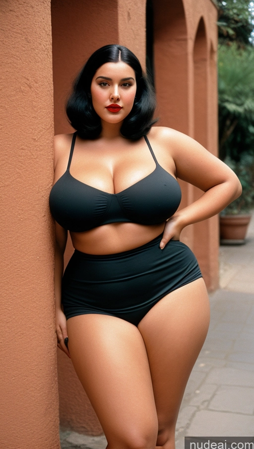 ai nude image of araffe woman in a black bikini posing for a picture pics of Vintage Huge Boobs Big Ass 60s Italian Black Hair Long Hair Chubby Woman Traditional Lipstick Abs