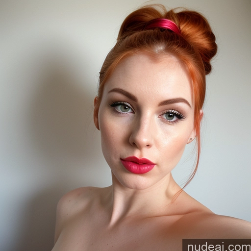 ai nude image of there is a woman with a red hair and a pink top pics of Woman One Small Tits Fairer Skin Lipstick Pubic Hair 30s Ginger Ponytail Surrealist Bedroom Front View Detailed Sexy Face Pouting Lips Nude Face Mask