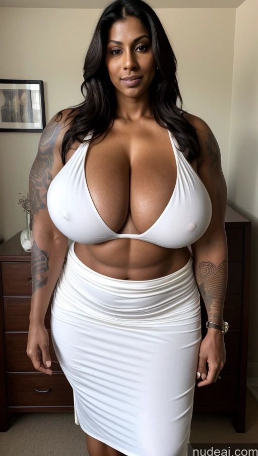 ai nude image of a close up of a woman in a white dress posing for a picture pics of Milf Busty Beautiful Tattoos Muscular Big Ass Big Hips Tall Dark Skin Seductive Indian Bedroom Front View T-pose Topless Sexy Face Abs Thick Huge Boobs Ginger Straight Long Skirt 30s