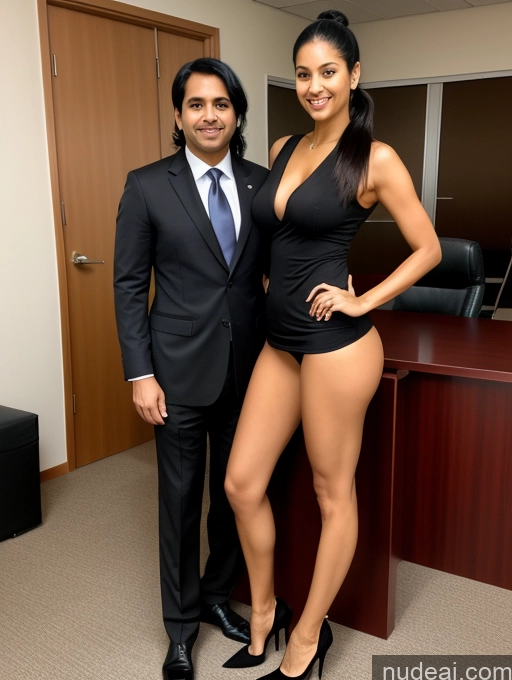 ai nude image of there is a man and a woman posing for a picture pics of Perfect Boobs Big Ass Long Legs Perfect Body Tall Abs 30s Sexy Face Seductive Black Hair Ponytail Indian Woman + Man Several Secretary Office