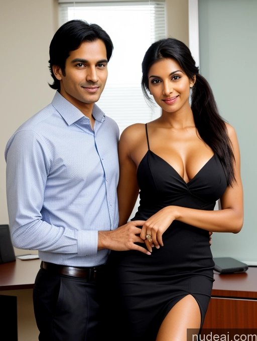 ai nude image of there is a man and woman posing for a picture in an office pics of Perfect Boobs Big Ass Long Legs Perfect Body Tall Abs 30s Sexy Face Seductive Black Hair Ponytail Indian Woman + Man Several Secretary Office Dress Shirt