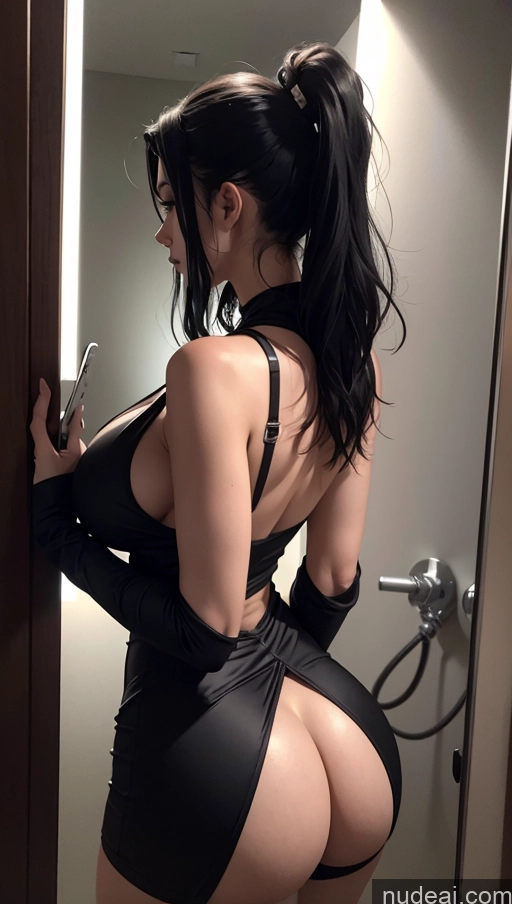 ai nude image of araffe in a black dress is looking at her cell phone pics of Woman One Huge Boobs Skinny Big Ass 18 Black Hair Long Hair Mirror Selfie White Bathroom Back View Goth Onesie Dark Lighting