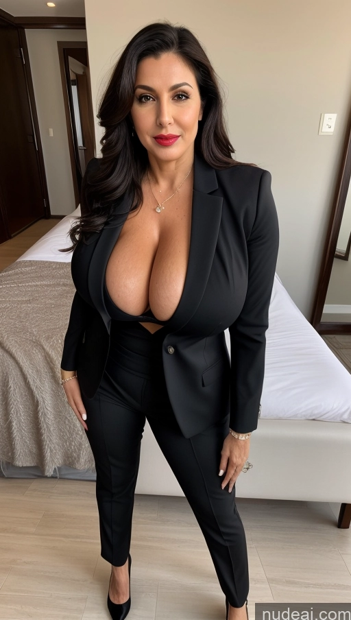 ai nude image of araffed woman in a black suit posing in a hotel room pics of Milf Busty Huge Boobs Beautiful Lipstick Big Ass Skinny Abs Thick Big Hips Long Legs Pubic Hair Long Hair Black Hair Turkish Suit