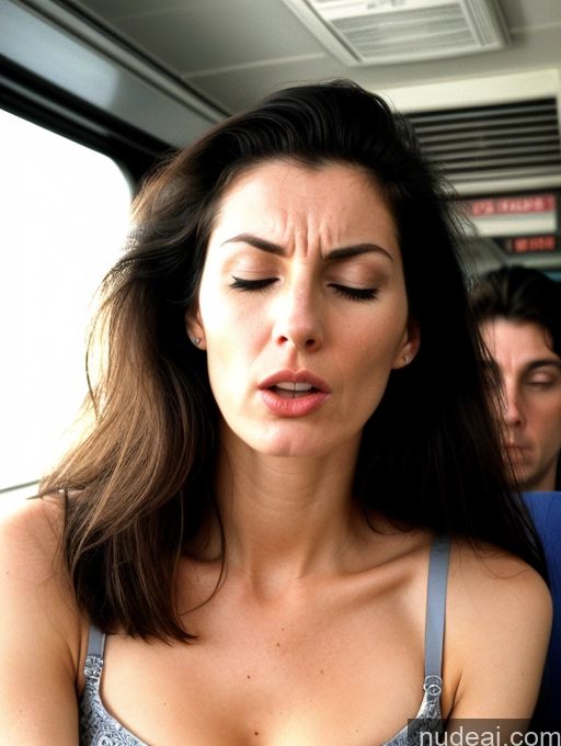 ai nude image of woman with eyes closed on a bus with a man in the background pics of Beautiful Long Legs Tall Perfect Body Fairer Skin Sad Serious Seductive Sexy Face Long Hair Hungarian 80s 90s Professor Teacher Angry Orgasm Sleeping Train Bra Woman 30s