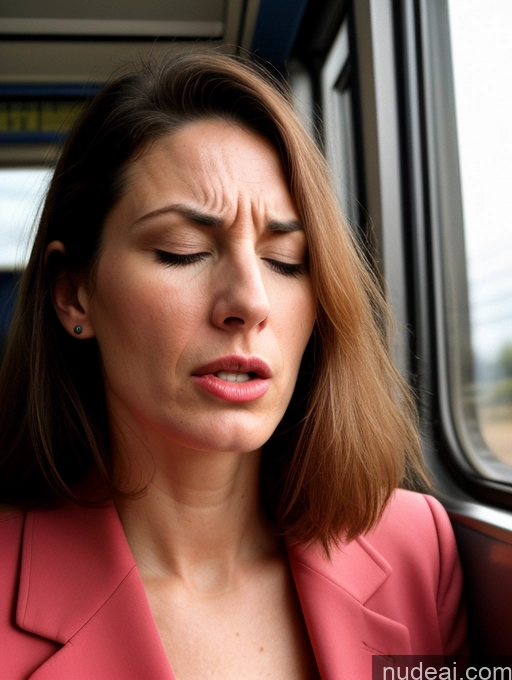 ai nude image of woman with closed eyes on a train looking at her cell phone pics of Beautiful Long Legs Tall Perfect Body Fairer Skin Sad Serious Seductive Sexy Face Long Hair Hungarian 80s 90s Professor Teacher Angry Orgasm Sleeping Train Jacket Woman 40s