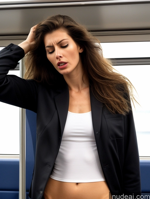 ai nude image of woman in a black jacket and tan pants on a train pics of Beautiful Long Legs Tall Perfect Body Fairer Skin Sad Serious Seductive Sexy Face Long Hair Hungarian 80s 90s Professor Teacher Angry Orgasm Sleeping Train Jacket Model Underwear 20s