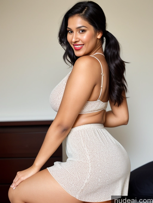 ai nude image of there is a woman in a white dress posing on a bed pics of Woman One Perfect Boobs Beautiful Lipstick Big Ass Chubby Long Legs Perfect Body 30s Happy Seductive Black Hair Ponytail Indian Bedroom Front View Spreading Legs Dress Long Skirt Polo Shirt Sexy Face