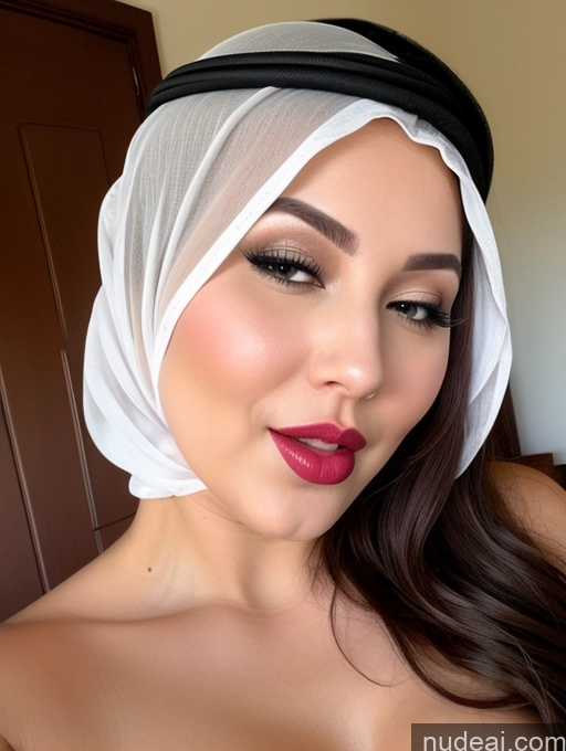 ai nude image of arafed woman with a white turban and red lipstick pics of One Beautiful Lipstick Chubby Perfect Boobs Long Hair Brunette Orgasm Ahegao Laughing 30s Fairer Skin Cleavage Detailed Niqab Big Hips Big Ass Model