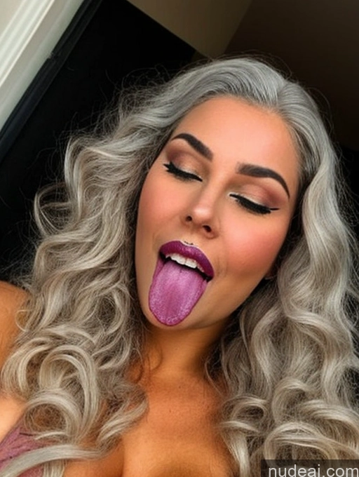 ai nude image of a close up of a woman with a long tongue sticking out pics of One Beautiful Lipstick Chubby Perfect Boobs Orgasm Ahegao Laughing Cleavage Detailed Niqab Big Hips Big Ass Model Last Curly Hair White Hair 60s