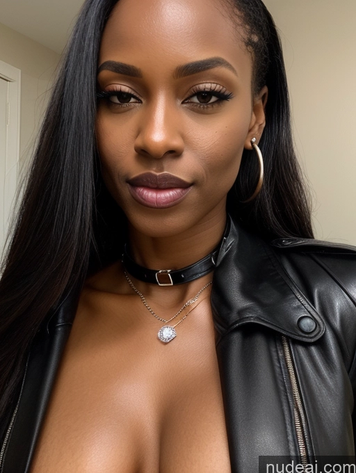 ai nude image of there is a woman with a black jacket and a necklace on pics of Woman Skinny Cumshot Ponytail Topless Seductive African Close-up View Diamond Jewelry Choker 30s Leather Trench Coat