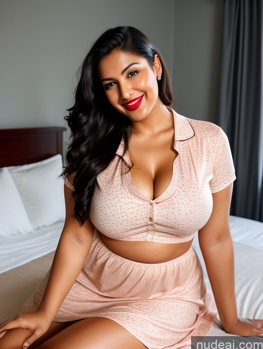 ai nude image of there is a woman sitting on a bed wearing a pink dress pics of Woman One Perfect Boobs Beautiful Lipstick Big Ass Chubby Long Legs Perfect Body 30s Happy Seductive Black Hair Ponytail Indian Bedroom Long Skirt Polo Shirt Sexy Face Abs Nightgown