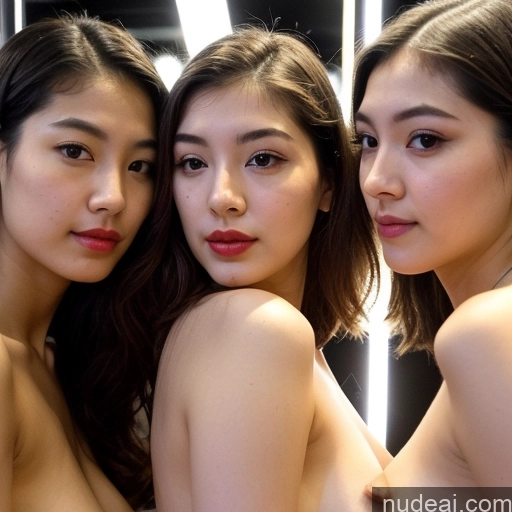 ai nude image of three women are posing naked in a mirror with their breasts exposed pics of Beautiful Lipstick Small Ass Fairer Skin 18 Sad Black Hair Long Hair Korean Mirror Selfie Strip Club Front View T-pose Nude Diamond Jewelry Bright Lighting Detailed Sorority Small Tits