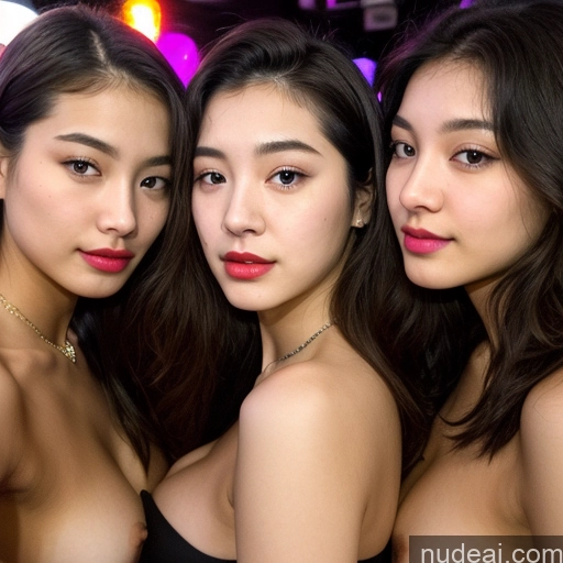 ai nude image of three women posing for a picture in a nightclub with a neon background pics of Beautiful Lipstick Small Ass Fairer Skin 18 Sad Black Hair Long Hair Korean Mirror Selfie Strip Club Nude Diamond Jewelry Bright Lighting Detailed Sorority Small Tits