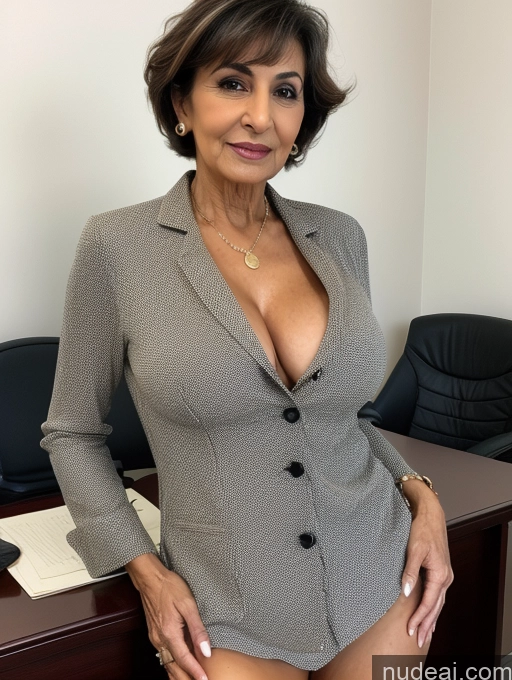 ai nude image of arafed woman in a suit posing in an office pics of Milf Perfect Boobs Beautiful Perfect Body Pubic Hair Dark Skin 80s Pixie Arabic Office Nude Blouse Casual Professor Shirt Stylish Suit Cleavage Partially Nude Dark Lighting Detailed