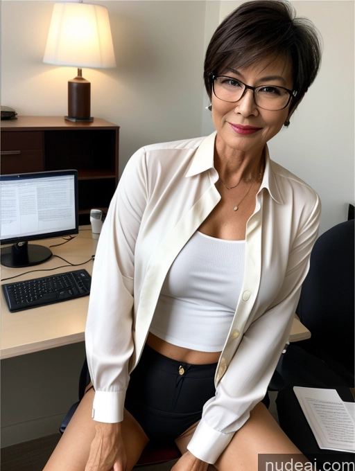 ai nude image of there is a woman sitting at a desk with a laptop pics of Milf Perfect Boobs Beautiful Glasses Perfect Body Short Hair 60s Chinese Office Blouse Bra Casual High Heels Jacket Panties Shirt Stylish Tunic Partially Nude Dark Lighting Detailed Sexy Face