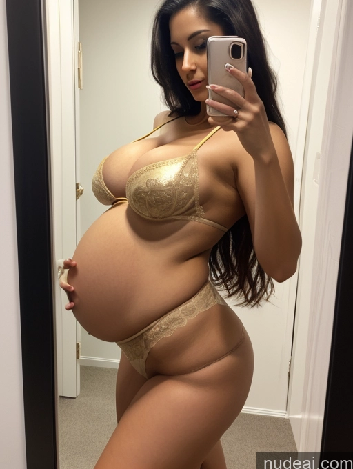 ai nude image of pregnant woman taking a selfie in a mirror in a gold bra pics of Woman Two Busty Perfect Boobs Big Ass Thick Short Pregnant 30s Seductive Black Hair Long Hair Indian Mirror Selfie Changing Room Front View Bending Over Blouse Nude Bra Partially Nude Cleavage Gold Jewelry Bright Lighting Detailed