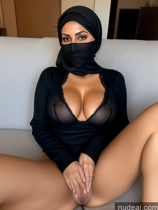 ai nude image of arafed woman in a black top and a black mask pics of Milf Perfect Boobs Beautiful Perfect Body Pubic Hair Arabic Spreading Legs Nude Bra Niqab Sweater Cleavage Partially Nude Detailed 40s Couch Dark Lighting