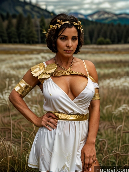 ai nude image of arafed woman in a white dress posing in a field pics of Milf One Busty Big Ass 70s Brunette Indian Meadow Cleavage Dark Lighting Roman Toga Short Hair