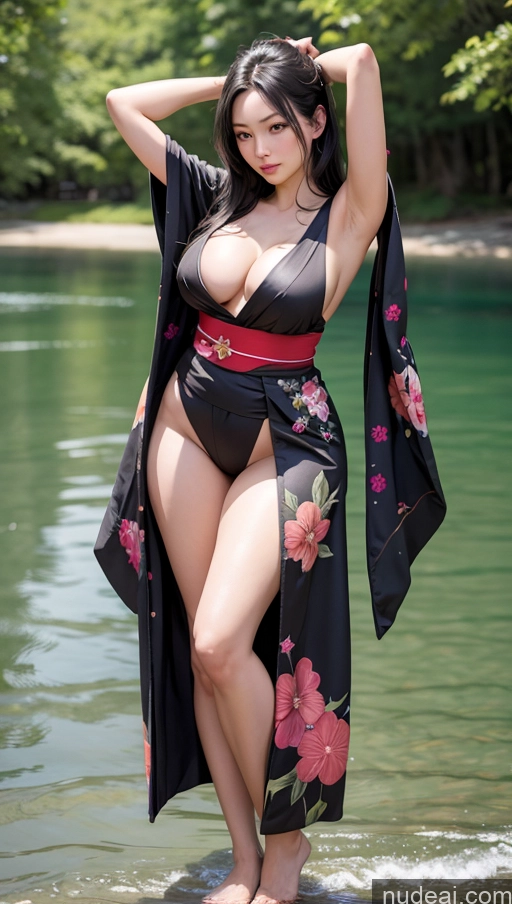 ai nude image of araffe woman in a black and red kimono standing in the water pics of Woman One Thick Big Hips Long Legs Pubic Hair 20s Seductive Black Hair Straight Japanese Front View T-pose Kimono Cleavage Lake Warm Anime Simple