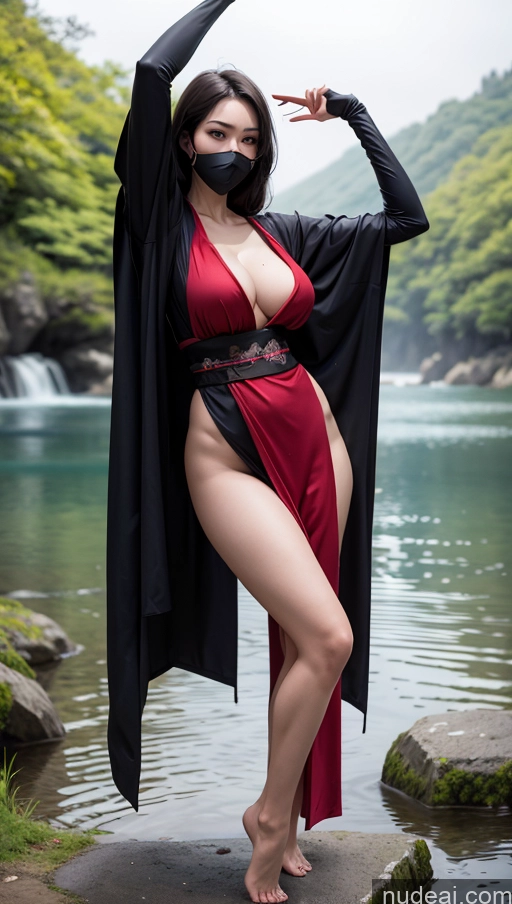 ai nude image of araffe dressed in a red and black outfit posing by a river pics of Woman One Thick Big Hips Long Legs Pubic Hair Seductive Black Hair Straight Japanese Front View T-pose Kimono Cleavage Lake Simple Big Ass 30s Dark Fantasy Ninja