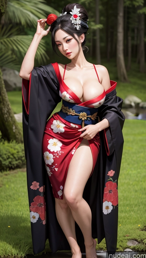 ai nude image of araffe asian woman in a kimono dress posing in a park pics of Woman One Thick Big Hips Long Legs Pubic Hair Seductive Black Hair Straight Japanese Front View T-pose Kimono Cleavage Lake Big Ass 30s Dark Fantasy Geisha Detailed