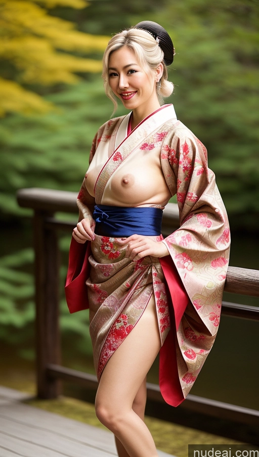 ai nude image of araffe woman in a kimono posing on a bridge pics of Milf One Small Tits Beautiful Lipstick Pubic Hair Long Legs Big Hips Perfect Body Tall 40s Happy Seductive Sexy Face Nude Kimono Traditional Geisha Bright Lighting Detailed Scandinavian